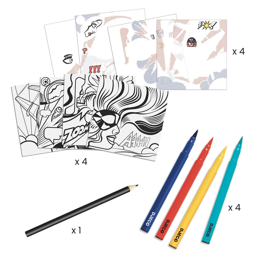 Inspired by Lichtenstein Superheroes Coloring and Rub-On Transfer Kit
